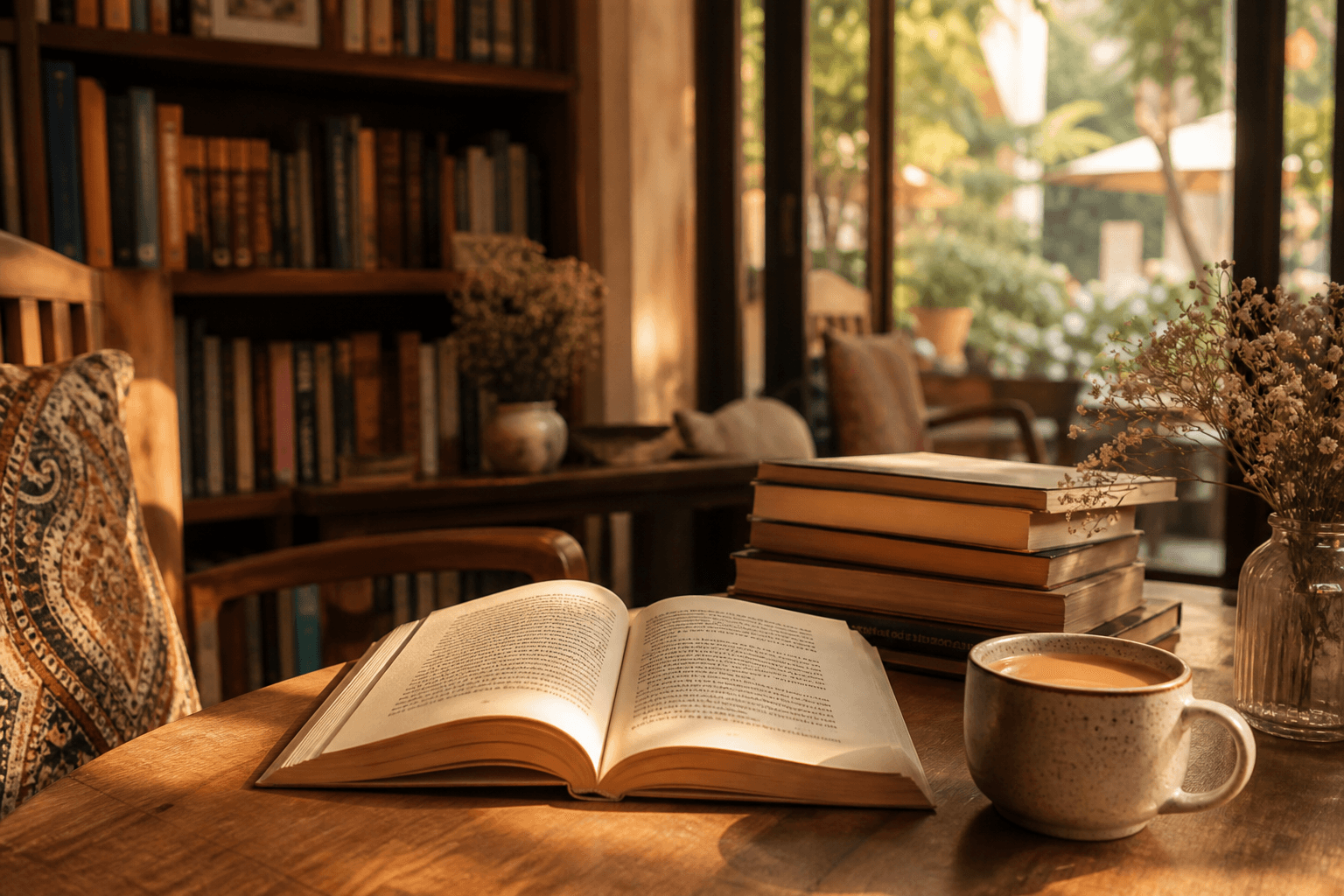 A cozy reading nook with an open book and chai in warm afternoon light